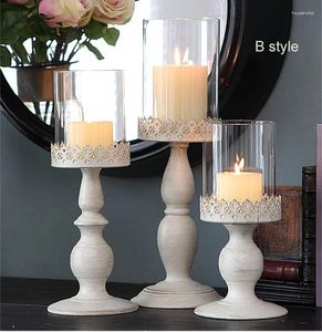 Candle Holders 3 Size Iron Metal White Gold Block Stand Pillar Candlestick With Glass Cover Holder For Home Wedding Decoration