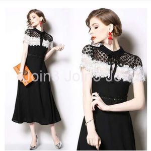 New design womens o-neck short sleeve black white color block lace floral patched chiffon high waist a-line maxi long dress SMLXLXXL