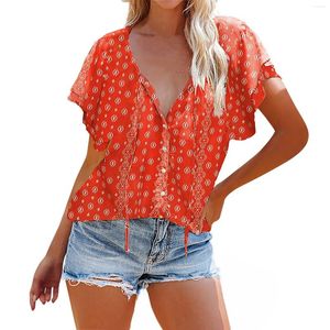 Camisetas T Women Floral Impresso em V Camada Half Camisa Camada Casual Casual Casual Casual Casual Casual Casa para mulheres