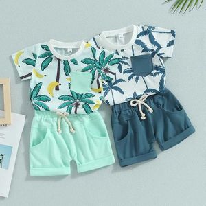 Kleidungssets 2023-04-21 Lioraitiin 2-3 Jahre Vorschule Baby Boys 2pcs Sommer Kleidung Strandbaum Druck kurzärmeliger Besatzungsausschnitt T-Shirt D240514