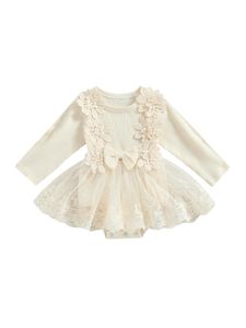 Baby Girls Floral Print Long Sleeve Romper Dress with Tulle Patchwork and Bow Detail for Daily Party Wear 240514