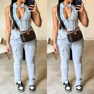 Sexy Two Piece Pants Setfor Woman Designer women's Clothing sets Fashion sleveless Zipper top and Pocket trousers tacksuit lady legging sports wear
