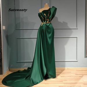 Demure Emerald Green Mermaid Satin Evening Dresses Real Image Gold Applicques Tonged Long Prom Dresses Ruffles Formal Dress 238D