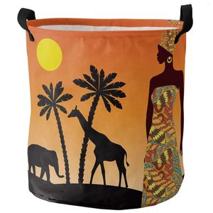 Bolsas de lavanderia África Sunset Mulheres Elefantes Casquete dobrável Cesta de grande capacidade Organizador de armazenamento à prova d'água Bolsa de brinquedo infantil