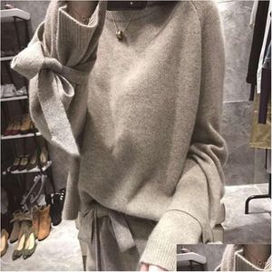 Frauen Trailsuits Damen Winter hochwertiger Kaschmir gestrickt zweiteiligen Bogen Langarm Plover Pullover Fügen Sie elastische Wiasthosen Dhyxr hinzu