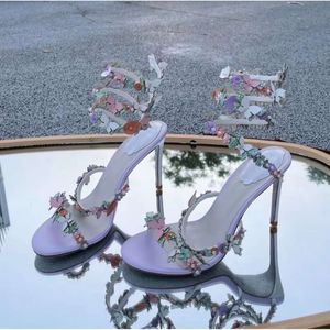 Rene Caovilla High Heel Sandals Butterfly Flower Decorative Cm Women Dress Shoes Snake Wrapped Feet Rings Summer Open Toe Pearl Designer Factory Shoe DH