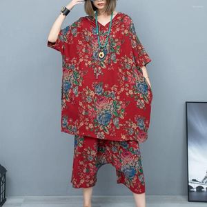 Women's Two Piece Pants Worn Out Safflower Cotton Linen Hooded Mid Length T-shirt Cropped Two-piece Set Women 2024 Summer Pant LX871