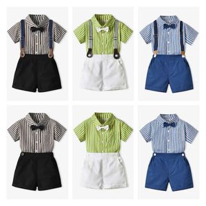 Conjuntos de roupas 70-140cm Childrens Cotton Strip camisa de manga curta e shorts com alça de ombro conjunto de verão roupas de verão d240514