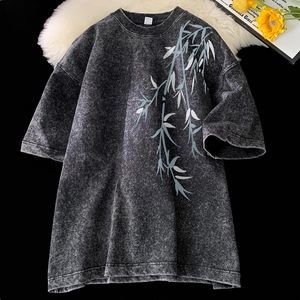 Padrão de folha de bambu Camiseta de mangas curtas de manga curta Camiseta de camiseta lavada com camiseta feminina Camiseta solta de verão 240510