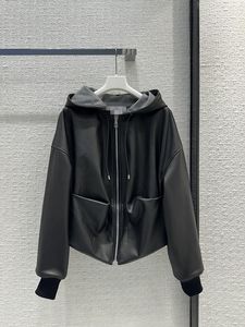 2024 Autumn Winter Women's Genuine Leather Zipper Hooded Long Sleeve Slim Woman's Coats PYW007