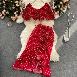 Work Dresses Women Summer Korean Dot Vacation Set Elastic Ruched Puff Sleeve Short Tops Irregular Ruffle Long Skirt Two Piece Suits