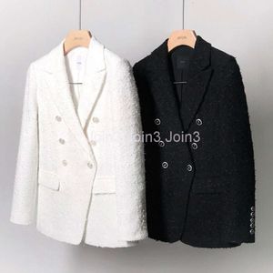 Spring autumn new womens turn down collar solid color double breasted tweed woolen loose coat blazer long casacos SMLXL