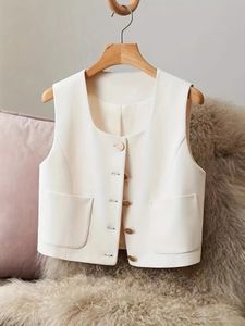 Vintage Spring Summer Suit Waistcoat Elegant Womens Short Sleeveless Small Coat Simple Button Casual Solid Color 240513