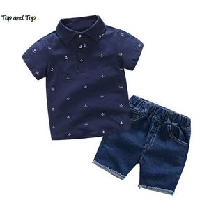 Set di abbigliamento Top e top Summer Childrens and Boys Gentlemens Abbigliamento set polo a maniche corte+jeans Shorts 2 pezzi set da ragazzino set casual d240514