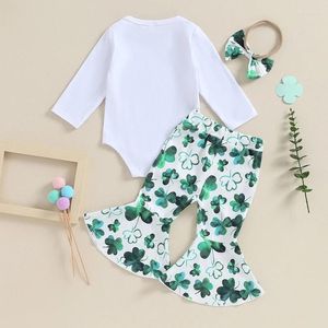 Clothing Sets Infant Baby Girl St Patricks Day Outfit Love Long Sleeve Romper Clover Bell Bottom Pants With Headband 3Pcs Set