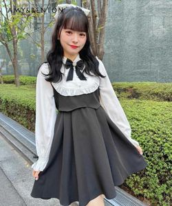 Casual klänningar japansk söt söt docka krage bågsömning färg spets långa ärmar miniklänning kvinnor hösten kawaii lolita