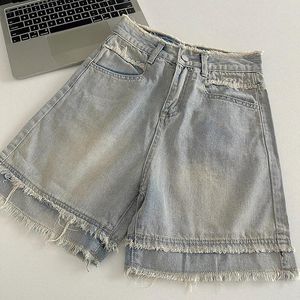 Women's Shorts Light Blue Denim For Women High Waist Patch Frayed Long Jeans All-matched Designer Wide Leg Ladt Summer Outfits