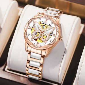 Ouqina, popularny zegarek online dla dziewcząt, w pełni automatyczny zegarek mechaniczny, ceramiczny motyl, świetlisty sposób