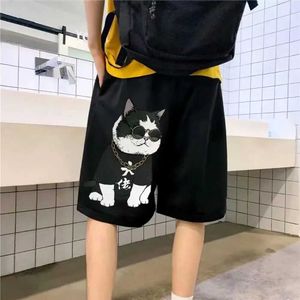 Męskie spodenki M-5xl Summer Męskie Męskie Mózg Cool Cat Printed Shorts Lose and Casual Dent Instagram Trend Capris Y240507