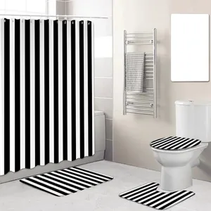 Duschvorhänge Schwarz-Weiß gestreiftes Badezimmer Vorhang Set Kreativ geometrische moderne Wohnkultur Teppichmatten Nicht-Schlupf-Toilettenabdeckung Matte