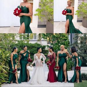 Hunter Green Different Neckline Sexy Sleeveless Satin Evening Dresses Ruched High Side Split Long Prom Dress Sweep Strain Robe De Soire 252w