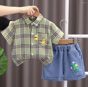 Roupas conjuntos de roupas meninos verão estilo coreano crianças roupas de bebê desenho animado xadrez de gola e bermuda