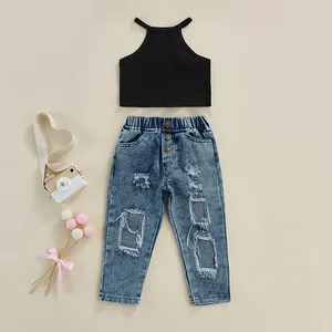 Kleidungssets 1-6 Jahre Mädchen Sommer-Outfits Kinder Offschuldige ärmellose Tanktops Rippte Jeans mit Taschen Casual Set