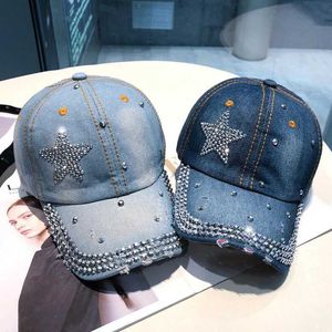 Ball Caps Shiny rhinestone denim baseball cap womens fashion star snapshot outdoor sun hat hip-hop dad truck adjustable hat