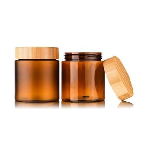 Vücut Tereyağı Krem Konteyner Ambalaj Şişeleri Amber Pet Kozmetik 5 oz 8oz Plastik Kavanoz Vidalı Bambu Ahşap Kapak 50ml 150ml 250ml RAFQ