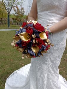 Red Peony, Blue Peony, Golden calla lily Lotus Combination Wedding Handheld Flowers