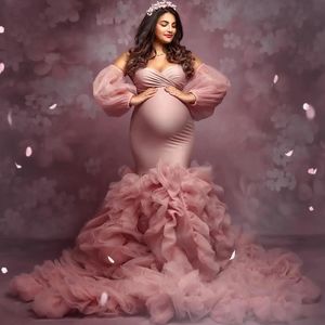 Luxury Mermaid Evening Dresses for Poshoot Off Shoulder Ruffles Pregnant Women Robes Sexy Long Sleeves Maternity Gowns 240513