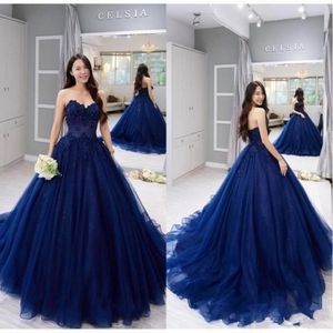 2021 New Strapless Prom Ball Gown Navy Quinceanera Dresses Vintage Lace Appique Ball Gown 형식 스위트 15 파티 드레스 resido de fie 279f