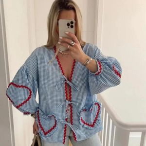 Women's Blouses Women Casual Shirt V-Neck Lantern Long Sleeve Top With Front Tie Plaid Print Decor Loose Fit Tops Streetwear