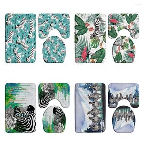 Badmatten 3pcs niedliche Zebra Matte Set Wildtier schwarz weiße Streifen Blume grüne Palmenblätter Bad Teppich Toilettensitz Abdeckung Nicht -Slip -Pad