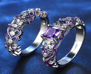 Amethyst Gemstone Zircon Diamond Rings uppsättning för kvinnor Purple Crystal Emamel White Gold Anillos Mujer Jewelry Party Fashion Bijoux1597009
