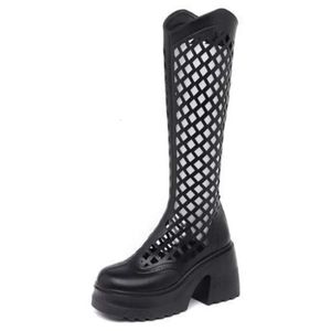 10 cm natürliches echtes Leder Synthetische Damen Schornstein Hollowne Fashion Schwarz Sommer Mittelkalb Knie High Stiefel Frauen Schuhe