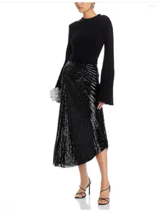 Юбки супер тяжелая индустрия Sequin тихий цветовой дизайн ощущение универсальной наполовину юбки
