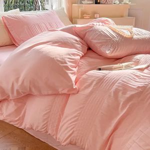 Korean Princess Seersucker Bedding Set Duvet Cover Flat Sheets Pillowcase Bed Sheet Soft Comforter Linens 240430