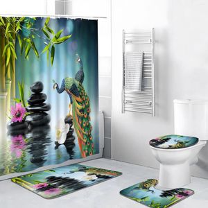 Duschvorhänge Zen Garten Set Pfauen Vogel Blume Grün Bambus Landschaft Spa Massage Stein Badezimmer Badewanne Toilettenabdeckung Teppich