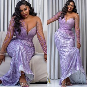 Aso Ebi 2024 Lilac Mermaid Prom Dresses Beaded Crystals Sequined Evening Party Formal Second Reception Birthday Enagement PromDress Gowns LF032