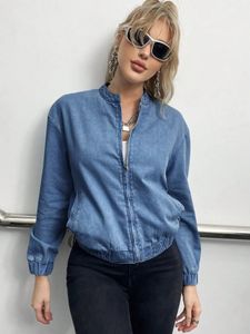 Women Fashion Zip Up Pocket Denim Jacket Autumn Long Sleeve Casual Coat Drop Shoulder Street Jean Outwear For Female 240426