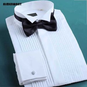 Herrklänningskjortor Aimenwant 2023 Tuxedo Shirts Mens Korea Slim Fit Bow Tie Wedding Shirt White Business French-Cuffed Shirt Dress Shirts Y240514