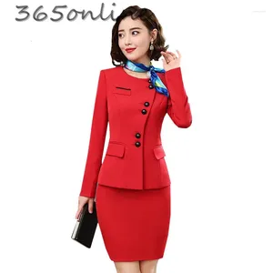 Vestido de duas peças novidade vermelha feminina feminina feminina com saia e jaquetas Coat de escritórios profissionais ladras blazers ol styles lenço