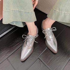 Casual Shoes Women Basic Oxfords Pointed Toe Silver Lace-Up Chunky Heel Footwear Woman British Style SUmmer Mesh