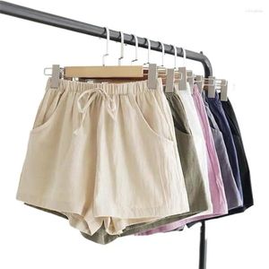 Shorts femininos 2024 linho de algodão de verão casual mulheres soltas mulheres com cintura de alta cintura de grade de rua de streetwear