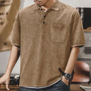 2024 Summer New Polo Neck Button T-shirt Men, Oushi Washed Short Sleeve Loose Casual Top for Men M514 34