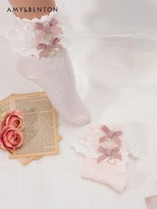 Women Socks Japanese Maiden Lace Stockings Women's -Shaped Bowknot Leg-Shaping Mine Lolita Mid-Calf Girls Sweet Short Cute