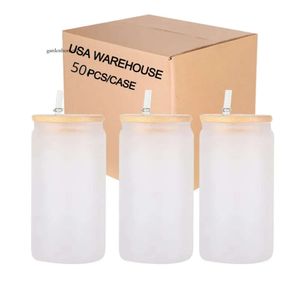 US Warehouse Sublimation Tumbler 16oz Clear Frosted Cups Blanks Bamboo Lid Beer Can Glass Mason Jar Mugとプラスチックストロー0514