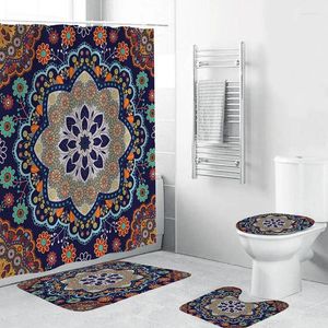 Duschvorhänge 4pcs Böhmen Mandala Bad Bildschirm Badezimmer Dekor Pfauenfedern wasserdichte Vorhang Toilettenabdeckung Matte Nicht-Schlupfboden Teppich