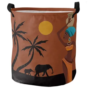 Bolsas de lavanderia Africano Mulheres do sol Paisagem cesta de elefante dobrável Cesta de grande capacidade Organizador de armazenamento à prova d'água Bolsa de brinquedo infantil